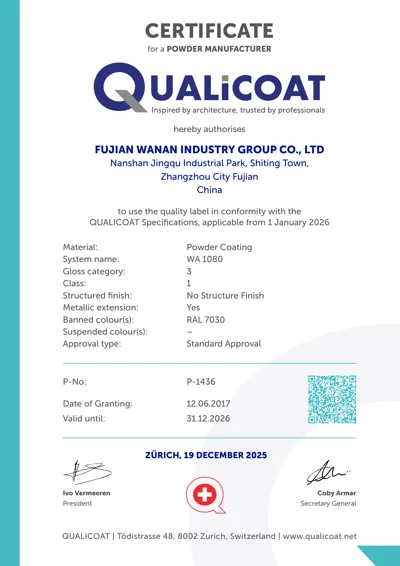 QUALICOAT Class 1 certificate